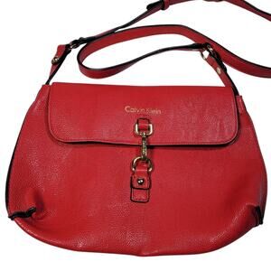 Calvin Klein Red Minimal Crossbody Bag Flap Purse Faux Leather Adjustable Strap
